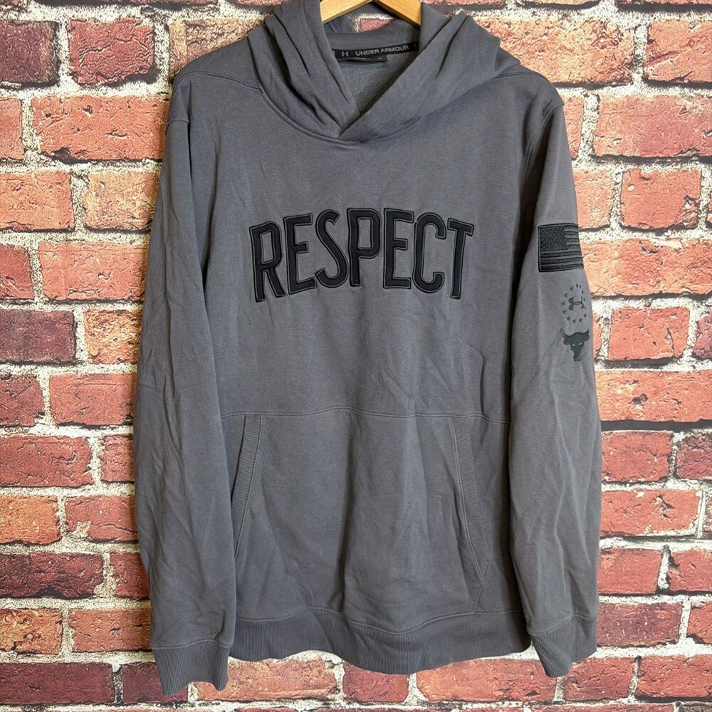 Under Armour Hoodie Mens 2XL Grey Project Rock Respect ColdGear Threadborne Bull